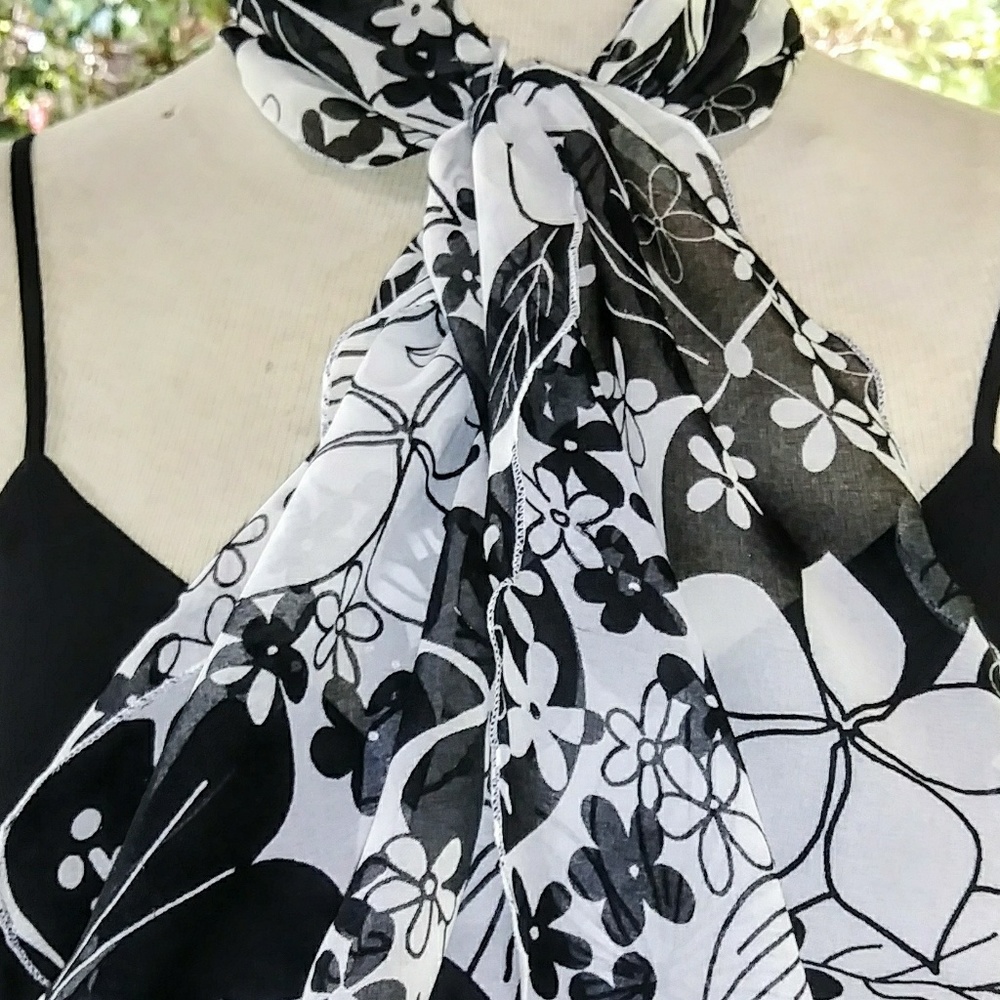 Black And White Silky Floral Scarf